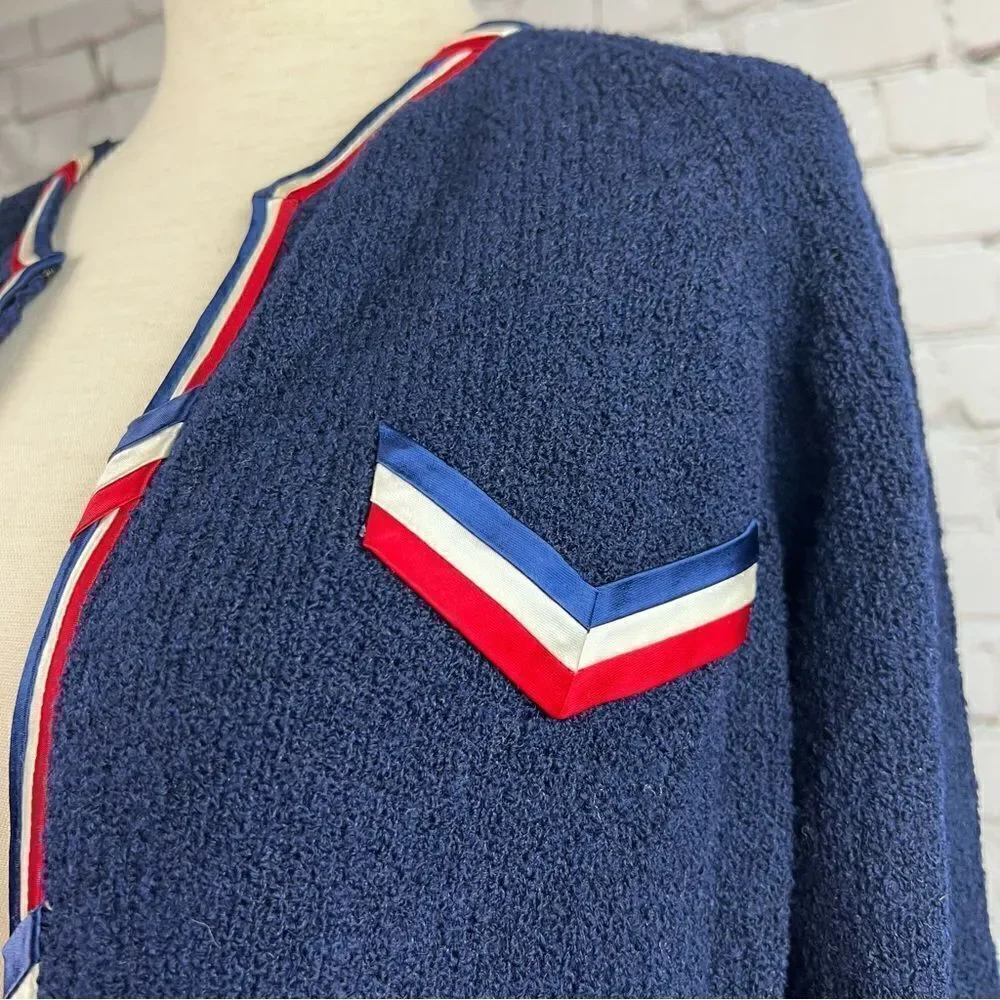 Vintage Cyntotles Americana Patriotic Nautical Cardigan Navy, w/ Red/White Trim